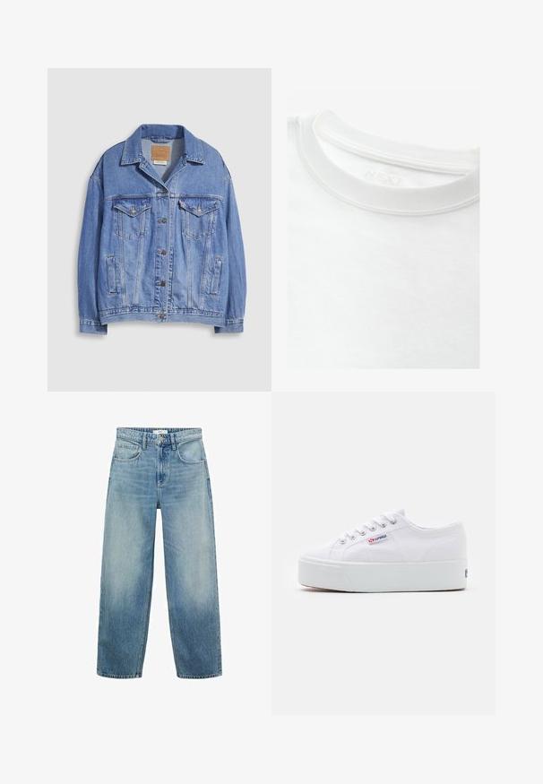 Hellblaue Jeansjacke mit Hemdkragen, Knopfleiste, zwei Brusttaschen und Seitentaschen. Verwaschene Textur und sichtbares Markenetikett.; Weißes T-Shirt mit Rundhalsausschnitt aus weicher Baumwolle, ausgestattet mit einem strukturierten Rippkragen und einem aufgedruckten Markenlabel im inneren Nackenbereich.; Helle blaue Denim-Jeans im weiten Schnitt mit hoher Taille, fünf Taschen und einem Knopfverschluss. Ausgebleichtes Muster am unteren Ende.; Weiße Leinenschuhe mit einer dicken weißen Plattformsohle, runder Zehenpartie und Metallösen für die Schnürsenkel. Markenlogo an der Seite angebracht.