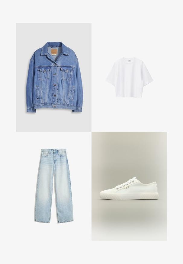 Lyseblå denimjakke med skjortekrave, knaplukning, to brystlommer og sidelommer. Slidt tekstur og synligt mærke.; Hvid cropped t-shirt lavet af blød bomuld med rund hals, korte ærmer og løs pasform. Simpelt og alsidigt design.; Lyseblå denim bukser med vid ben, høj talje, fem lommer, knaplukning og en falmet finish. Har lige, løse ben.; Hvid lavtopet lærreds-sneaker med tekstureret gummisål, hvide snørebånd og lille Calvin Klein-mærke på siden.