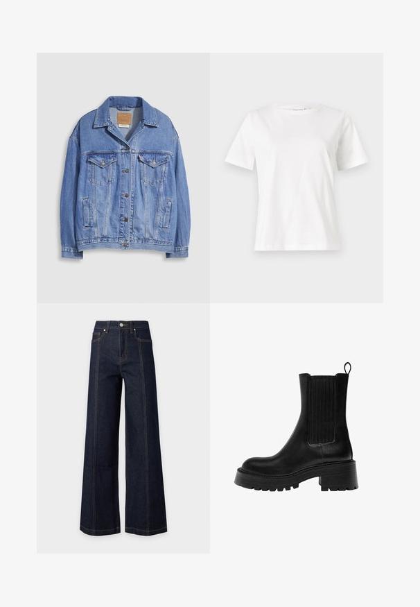 Veste en denim bleu clair avec col chemise, fermeture à boutons, deux poches poitrine et poches latérales. Texture usée et étiquette de marque visible.; T-shirt en coton blanc à manches courtes, col rond et coupe décontractée. Texture lisse, sans motifs ni accents, design minimaliste.; Jean bleu foncé taille haute à jambes larges avec poches avant, coutures visibles et fermeture bouton et zip sur un fond clair uni.; Bottine en cuir noir avec une semelle épaisse, des panneaux latéraux texturés et une languette. Présente une finition lisse et un bout rond.