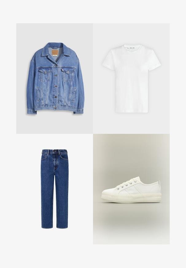 Hellblaue Jeansjacke mit Hemdkragen, Knopfleiste, zwei Brusttaschen und Seitentaschen. Verwaschene Textur und sichtbares Markenetikett.; Ein schlichtes weißes T-Shirt mit kurzen Ärmeln und Rundhalsausschnitt liegt flach auf einem hellgrauen Hintergrund, zeigt die Vorderseite mit einem Etikett im Halsausschnitt.; Jeans aus Denim mit einer mittelblauen Waschung, geradem Bein, fünf Taschen und kontrastierenden Nähten an den Nähten.; Weißer Sneaker mit niedrigem Schaft, dicker gerippter Sohle, Schnürung vorne und Zuglasche an der Ferse vor neutralem Hintergrund.