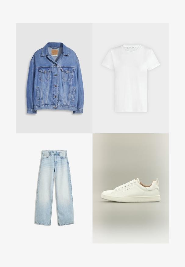 Lichtblauwe spijkerjack met overhemdkraag, knoopsluiting, twee borstzakken en zijzakken. Versleten textuur en zichtbaar merklabel.; Effen witte T-shirt met korte mouwen en ronde hals, plat liggend op een lichtgrijze achtergrond, met voorzijde en label aan de binnenkant van de halslijn zichtbaar.; Lichtblauwe denim wijde jeans met een hoge taille, vijf zakken, een knoopsluiting en een vervaagde afwerking. Heeft rechte, losse benen.; Witte lage sneaker met veters, geperforeerde details aan de zijkant en een trek lus op de hiel, tegen een neutrale achtergrond.