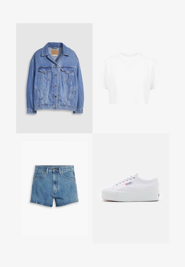 Hellblaue Jeansjacke mit Hemdkragen, Knopfleiste, zwei Brusttaschen und Seitentaschen. Verwaschene Textur und sichtbares Markenetikett.; Weißes, kurzes T-Shirt mit kurzen Ärmeln und rundem Halsausschnitt, aus glattem Stoff, ohne sichtbare Muster oder auffällige Hardware.; Hellblaue Denim-Shorts mit fünf Taschen, einem Reißverschluss und einem Knopfverschluss. Der Saum ist fransig und das Design bietet eine lässige Passform.; Weiße Leinenschuhe mit einer dicken weißen Plattformsohle, runder Zehenpartie und Metallösen für die Schnürsenkel. Markenlogo an der Seite angebracht.