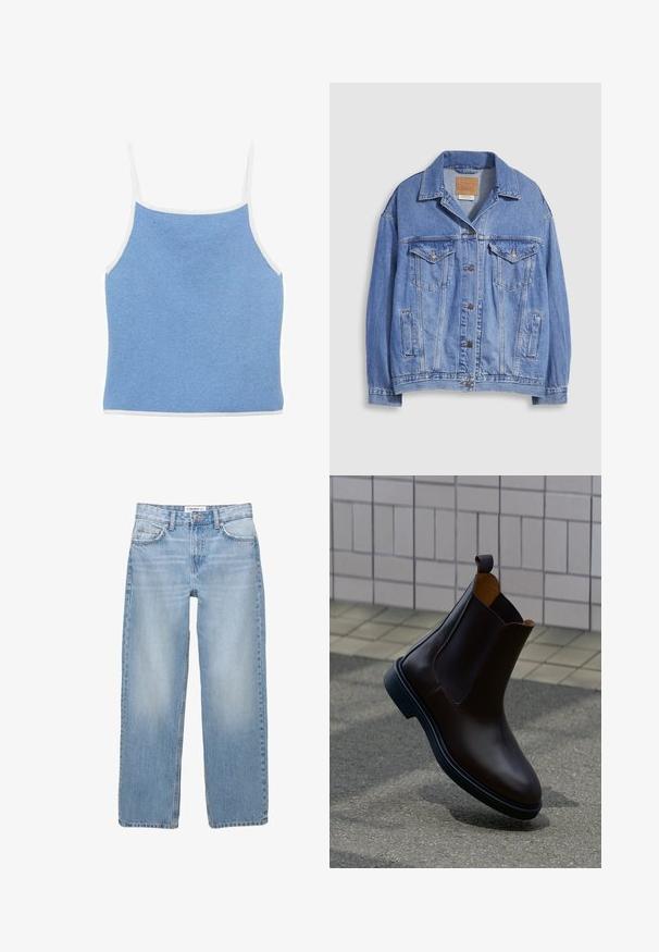 Lichtblauwe spijkerjack met overhemdkraag, knoopsluiting, twee borstzakken en zijzakken. Versleten textuur en zichtbaar merklabel.; Lichtblauwe gebreide tanktop met witte accenten, met dunne schouderbandjes en een aansluitend ontwerp met een gladde, textuur oppervlakte.; Lichtblauwe denim jeans met een recht model, vijf zakken en zichtbare stiksels. De stof heeft een zachte, iets vervaagde textuur.; Donkerbruine leren Chelsea-laars met trekriem en elastische zijpanelen, geplaatst op een grijze bestrating met een betegelde muur op de achtergrond.