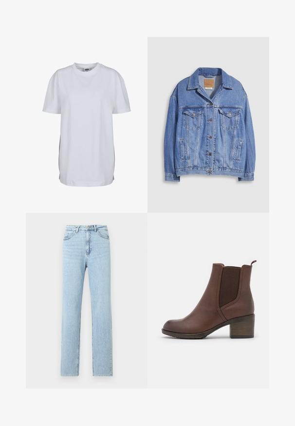Veste en denim bleu clair avec col chemise, fermeture à boutons, deux poches poitrine et poches latérales. Texture usée et étiquette de marque visible.; T-shirt blanc uni à manches courtes avec col rond, ourlet droit et petite étiquette de marque visible à l'intérieur du col.; Jean en denim bleu clair à jambes droites avec poches avant, passants pour ceinture, fermeture par bouton et fermeture éclair.; Bottine en cuir marron, avec une finition lisse, des panneaux latéraux élastiques, un bout arrondi et un talon en bois modéré.