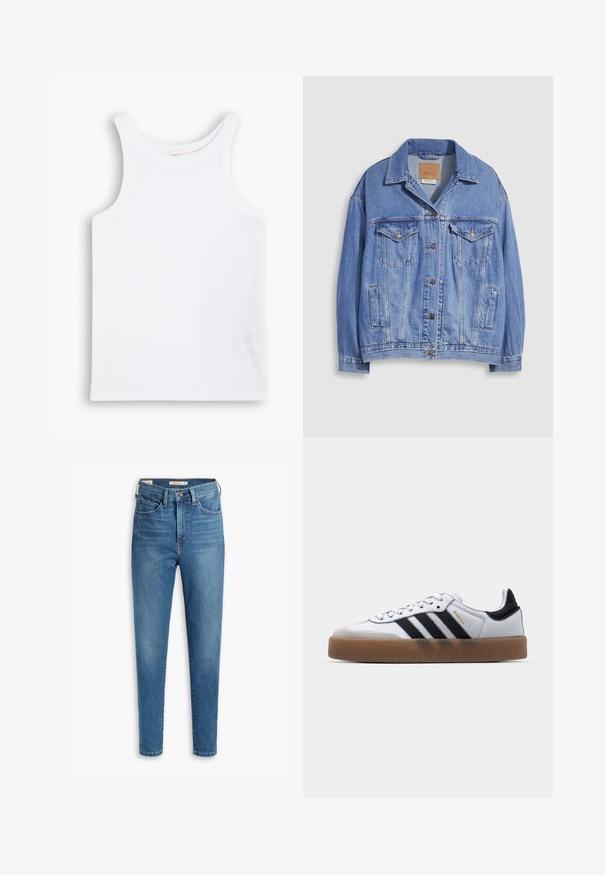 Veste en denim bleu clair avec col chemise, fermeture à boutons, deux poches poitrine et poches latérales. Texture usée et étiquette de marque visible.; Débardeur en coton blanc avec de larges bretelles, un col rond et une texture lisse et côtelée. Aucun motif ni accent présent.; Jean bleu taille haute en denim, avec un design classique à cinq poches, des détails cousus et une coupe slim avec des jambes fuselées.; Baskets en cuir blanc avec des rayures noires, semelle extérieure en caoutchouc beige, bout rond, fermeture lacée et embout en suède gris doux.