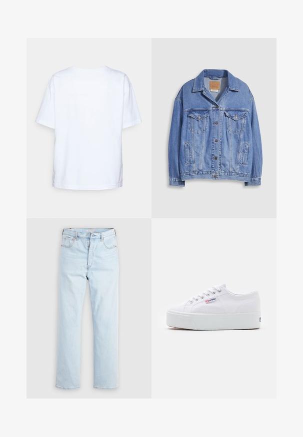 Chaqueta vaquera azul claro con cuello tipo camisa, cierre de botones, dos bolsillos en el pecho y bolsillos laterales. Textura desgastada y etiqueta de marca visible.; Camiseta de algodón blanca de manga corta vista desde atrás sobre un fondo gris claro.; Vaqueros azul claro de tiro alto y pierna recta con cierre de botones y bolsillos delanteros y traseros sobre un fondo blanco liso.; Zapatilla de lona blanca con una gruesa suela de plataforma blanca, punta redonda y ojales de metal para los cordones. Logotipo de la marca mostrado en el lateral.