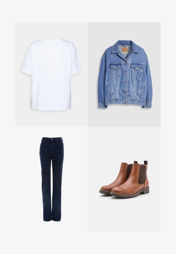 Chaqueta vaquera azul claro con cuello tipo camisa, cierre de botones, dos bolsillos en el pecho y bolsillos laterales. Textura desgastada y etiqueta de marca visible.; Camiseta de algodón blanca de manga corta vista desde atrás sobre un fondo gris claro.; Jeans de tiro alto en azul oscuro con un diseño de pierna recta, fabricados en denim, que cuentan con un cierre delantero de botón y cremallera, y dos bolsillos frontales.; Botas de cuero marrón hasta el tobillo con paneles laterales elásticos, punta redondeada y un bajo tacón de madera. Presenta una pestaña en el bucle para facilidad al ponérselas.