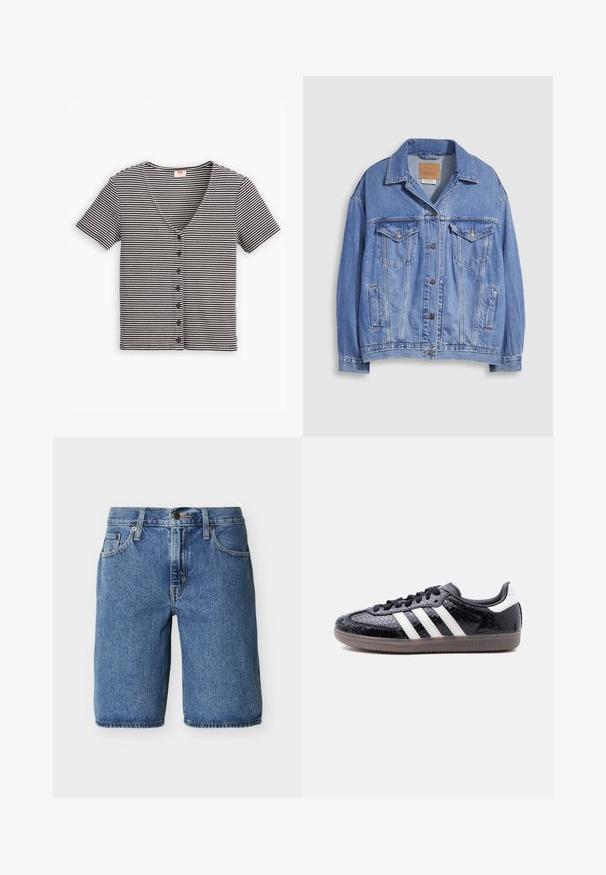 Veste en denim bleu clair avec col chemise, fermeture à boutons, deux poches poitrine et poches latérales. Texture usée et étiquette de marque visible.; Haut à manches courtes à boutons, noir et blanc rayé, avec un décolleté en V et un tissu texturé. Présente plusieurs boutons sur le devant.; Shorts en denim bleu jusqu'au genou avec bouton et fermeture éclair à l'avant, poches avant et passants de ceinture sur un fond clair uni.; Baskets noires profilées avec motif en relief imitation peau de serpent, bandes blanches sur le côté, lacets noirs et semelle translucide marron.