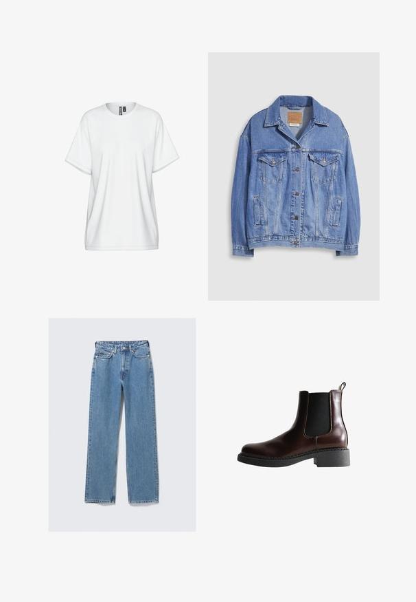 Lyseblå denimjakke med skjortekrave, knaplukning, to brystlommer og sidelommer. Slidt tekstur og synligt mærke.; Hvid bomulds-T-shirt med rund halsudskæring, korte ærmer og løs pasform. Har diskrete syningsdetaljer og en mærkat ved kraven.; Blå, høj-taljede, straight-leg denimjeans med frontknap, lynlås, bæltestropper og fem-lommer design på en ensartet lys baggrund.; Brune læder ankelstøvle med elastiske sidepaneler, rund tå og en struktureret sort gummisål. Har kontrasterende syninger og en trækflap.