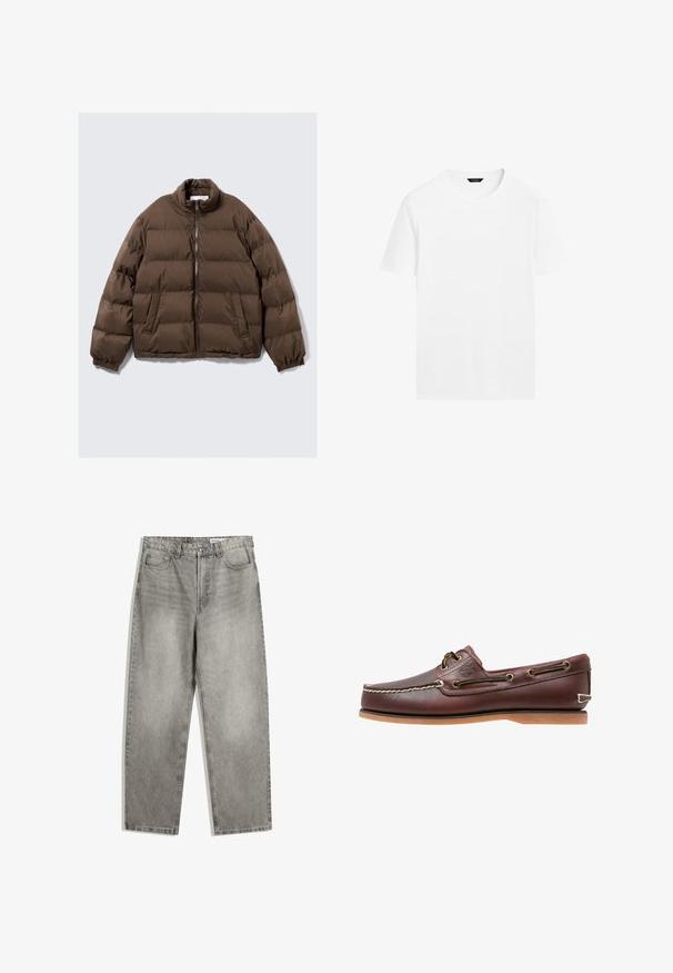 Braune gesteppte Daunenjacke mit hohem Kragen, Frontreißverschluss, elastischen Manschetten und zwei schrägen Vordertaschen vor einem einfarbigen Hintergrund.; Weißes Baumwoll-T-Shirt mit rundem Hals, kurzen Ärmeln und geradem Schnitt. Es hat eine glatte, leichte Textur und keine sichtbaren Muster.; Graue Denim-Hosen mit geradem Schnitt, ausgestattet mit Fronttaschen, einem Knopfverschluss und subtilen verblassten Texturen.; Brauner Leder-Bootsschuh mit weißen Nähten, Schnürdetails und hellbrauner Gummisohle, seitlich auf weißem Hintergrund gezeigt.