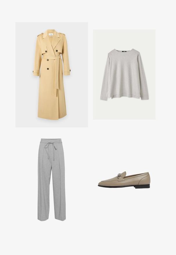Langer beiger Trenchcoat mit weitem Revers, doppelreihigen Knöpfen, tailliertem Gürtel und geknöpften Manschettenriemen, auf weißem Hintergrund dargestellt.; Helles graues Langarmshirt aus weichem Stoff, mit rundem Ausschnitt und lockerer Passform sowie seitlichen Schlitzen am Saum.; Graue Leinen-Hose mit weitem Bein und hohem Bund, ausgestattet mit einem Kordelzug, Falten an der Vorderseite und einer weichen, strukturierten Oberfläche.; Beiger Lederloafer mit silberfarbenem Akzent, runder Spitze und flacher Sohle. Elegantes Design mit Stickdetails.