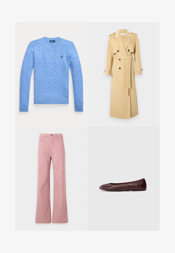 Lang beige trenchcoat med brede revers, dobbeltradede knapper, bælte i taljen og knaplukning på ærmekanterne, vist på hvid baggrund.; Lyseblå kabelstrikket langærmet sweater med rund halsudskæring og lille mørkt logo på venstre bryst.; Højtaljede lyserøde cowboybukser med knap- og lynlås, forlommer og brede, udvidede ben mod en ensfarvet baggrund.; Bordeaux læderballetsko med rund tå og tekstureret logoaccent foran. Sømløst design og glat overflade. Flad sål.