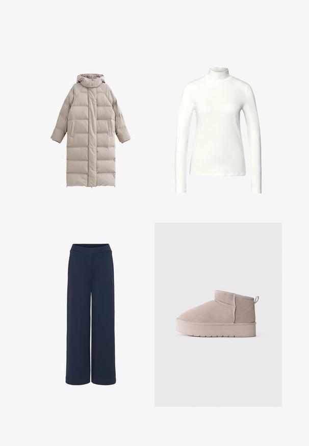Beige lange pufferjas met een capuchon, voorzien van een gewatteerd ontwerp, twee zijzakken en een voorkant met knopen en ritsen.; Witte lange mouwen turtleneck shirt gemaakt van gladde, stretchstof, met een hoge hals en een fitted silhouet met een rechte zoom.; Navy wijde broek gemaakt van zachte stof, met een naadloze tailleband en zijzakken, met een schone en eenvoudige uitstraling.; Lage beige suède winterlaars met dikke zool en achterste lipje, op een plain witte achtergrond, weergegeven in zijprofiel.