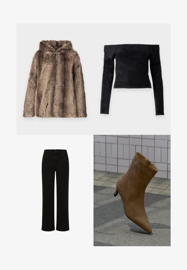 Manteau en fausse fourrure aux tons marron, avec une capuche, une texture douce et une coupe décontractée. Le tissu présente des longueurs de poils variées pour plus de détails.; Good American OFF SHOULDER LONG SLEEVE - Pullover - black; Jean en denim noir à jambe droite avec taille haute, présentant des poches avant, une fermeture à bouton et des lignes épurées sans embellissements.; Bottine en daim marron avec un bout pointu, fermeture éclair et talon stiletto bas, présentée sur un fond texturé.