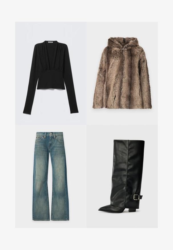 Manteau en fausse fourrure aux tons marron, avec une capuche, une texture douce et une coupe décontractée. Le tissu présente des longueurs de poils variées pour plus de détails.; Blouse noire à manches longues avec décolleté en V profond, tissu froncé aux épaules et à la taille, et silhouette ajustée.; Jean en denim bleu à lavage délavé, taille haute, jambes larges, bouton et fermeture éclair devant, cinq poches, présenté sur un fond uni.; Bottes noires en cuir longueur cheville avec un bout pointu, texture lisse et une accent en boucle argentée sur le côté. Talon carré épais.