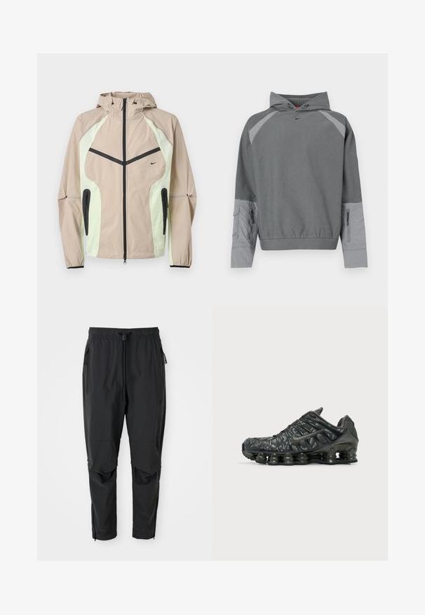 Chaqueta con capucha en beige y verde claro, con cremallera frontal vertical negra, bolsillos laterales con cremallera y pequeño logo negro de Nike en el pecho.; Sudadera con capucha gris con cuerpo texturizado gris, mangas ranglán, bolsillo frontal y detalle de cremallera lateral. Cuenta con un logo negro en el pecho.; Pantalones ligeros negros con cintura elástica, cordón ajustable, bolsillos laterales con cremallera, rodilleras articuladas y cremalleras en los tobillos.; Zapatilla de running negra de Nike con amortiguación segmentada en la suela y patrón moteado blanco en la parte superior de la tela, vista desde el exterior.