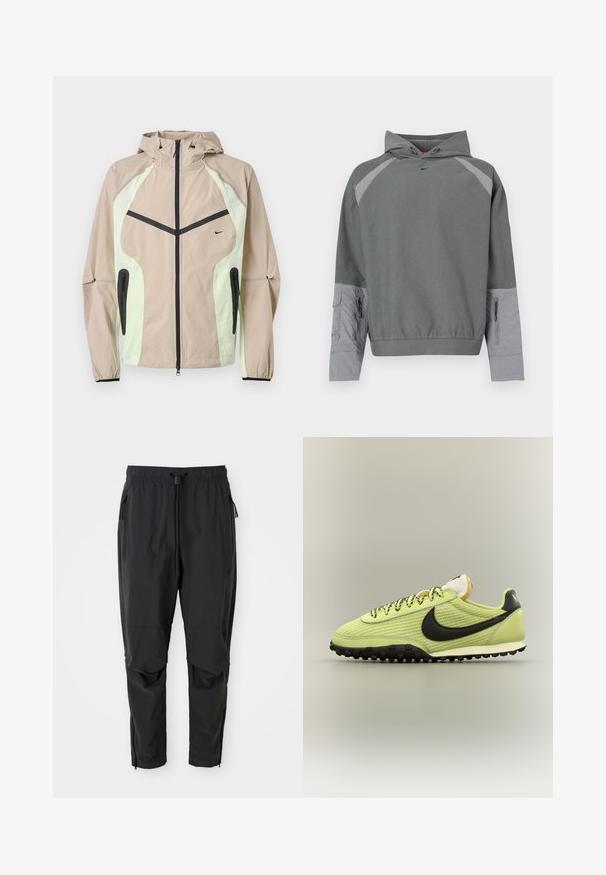 Beige en lichtgroene gewatteerde jas met zwarte verticale rits aan de voorkant, ritssluitingen aan de zijkanten en een klein zwart Nike-logo op de borst.; Grijze capuchontrui met een gestructureerd grijs lijfje, raglanmouwen, voorzak en een zijritsdetail. Voorzien van een zwart logo op de borst.; Zwarte lichte broek met elastische tailleband, koord, ritszakken aan de zijkant, gebogen knieën en ritssluitingen bij de enkels.; Lichtgroene Nike sneaker met zwarte zool, zwart swoosh-logo, patroon veter en getextureerde mesh bovenwerk in zijaanzicht.