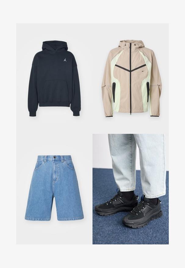 Beige ja vaaleanvihreä hupullinen takki, jossa musta pystysuora etuvetoketju, vetoketjulliset sivutaskut ja pieni musta Nike-logo rinnassa.; Musta puuvillane huppari, jossa on kengurupocket, rento leikkaus ja pieni valkoinen Jumpman-logo vasemmassa rintataskussa.; Vaaleansiniset farkkushortsit, joissa on väljä leikkaus, korkea vyötärö, viisi taskua ja hienovarainen kuluminen. Varustettu napituksella ja vyölenkeillä.; Mustat urheilukengät, joissa on teksturoitu kangas ja kumipohjat, elastiset nauhat ja sininen yksityiskohta kannassa. Yhdistetty vaaleisiin farkkuihin.