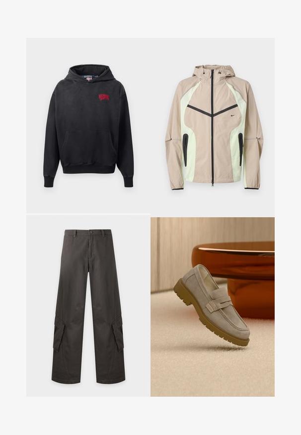 Beige og lysegrøn hættetrøjejakke med sort lodret lynlås foran, lynlåslommer i siderne og lille sort Nike-logo på brystet.; Sort hættebluse med en forlommer, der har et rødt broderet logo på den øverste venstre side. Blødt stof og justerbar hætte.; Mørkegrå cargobukser med vidde ben, klaplommer på lårene, bæltestropper, knaplukning og lynlås foran.; Lysegrå ruskind loafers med chunky brun gummisål placeret på beige tæppe foran et sløret brunt rundt bord.