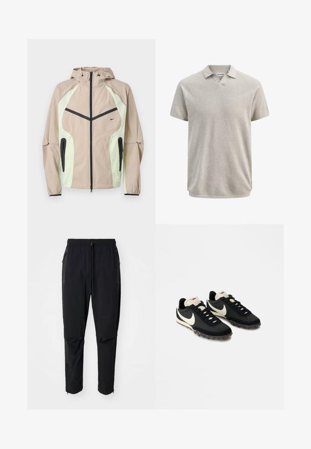 Beige en lichtgroene gewatteerde jas met zwarte verticale rits aan de voorkant, ritssluitingen aan de zijkanten en een klein zwart Nike-logo op de borst.; Beige poloshirt met korte mouwen en structuur, voorzien van een kraag en een lichte V-hals, met het label Jack & Jones.; Zwarte, lichte buitenbroeken met een elastische tailleband en verstelbaar trekkoord. Beschikt over ritszakken en taps toelopende boorden.; Zwarte sportieve schoenen met een gestructureerde bovenkant, witte swoosh-logo en rubberen zool met kleine noppen voor grip. Crèmekleurige kraag.