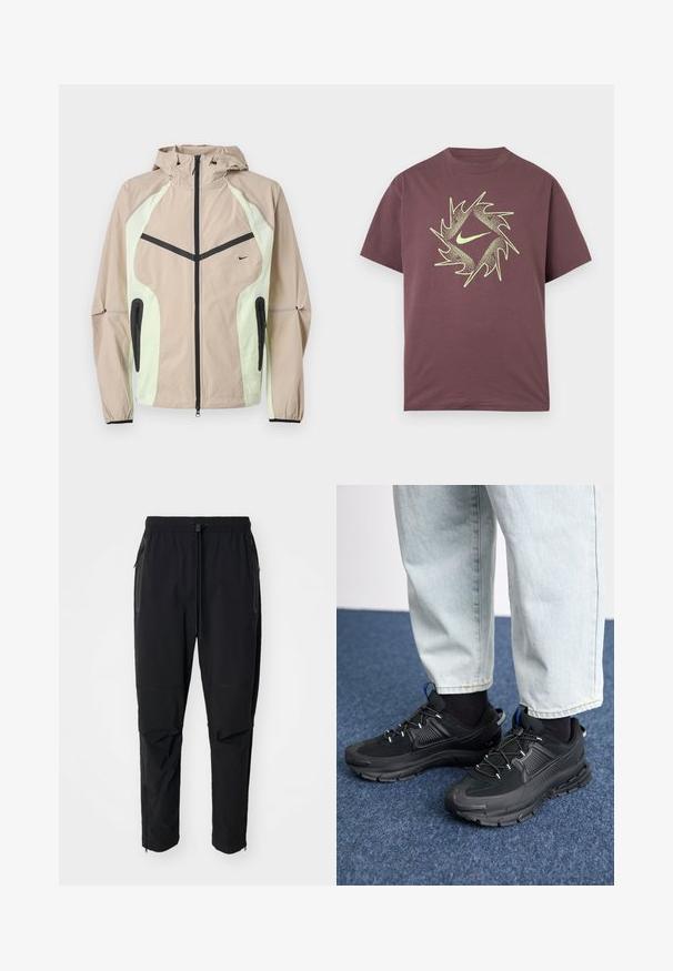 Beež ja heleroheline kapuutsiga jakk musta vertikaalse esilukuga, lukuga küljetaskutega ja väikese musta Nike logoga rinnal.; Lühikeste varrukatega marsala värvi T-särk neoonkollase abstraktse torkiva ringikujulise mustri ja keskel rinnal olevaga Swoosh-logo.; Mustad musta värvi, kergest materjalist väljakäimise püksid elastse vöökoha ja reguleeritava tõmblukuotsaga. Omavad lukuga taskuid ja kitsenevaid varrukaid.; Mustad mustad jooksukingad, millel on tekstureeritud kangas ja kummist tallad, elastsed nöörid ning sinine aksent kandadel. Kandmine heledate teksadega.