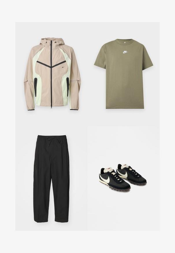 Beež ja heleroheline kapuutsiga jakk musta vertikaalse esilukuga, lukuga küljetaskutega ja väikese musta Nike logoga rinnal.; Oliviroheline lühikeste varrukatega Nike T-särk, valge logoga rinnal, hele hallil ühevärvilisel taustal.; Mustad püksid elastse vöökohtaga, nööriga sulgemine ja lõtv istuvus. Valmistatud siledast kangast, millel on minimalistisch disain.; Mustad mustandiga spordijalatsid, valge Swooshi logo ja kummist tallaga, millel on väiksed konarused haarde tagamiseks. Kreemivärvi kael.