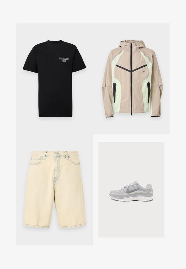 Beige en lichtgroene gewatteerde jas met zwarte verticale rits aan de voorkant, ritssluitingen aan de zijkanten en een klein zwart Nike-logo op de borst.; Zwarte katoenen t-shirt met korte mouwen en een ronde hals, met een witte bedrukte logo op de linkerborst. Gladde textuur, normale pasvorm.; Beige denim shorts met een knoop- en ritssluiting aan de voorkant, riemlussen en twee zakken aan de voorkant, plat liggend op een witte achtergrond.; Lichtgrijze Nike hardloopschoen met mesh- en suède panelen, dikke witte zool en een Swoosh-logo aan de zijkant, in profiel weergegeven op een effen achtergrond.