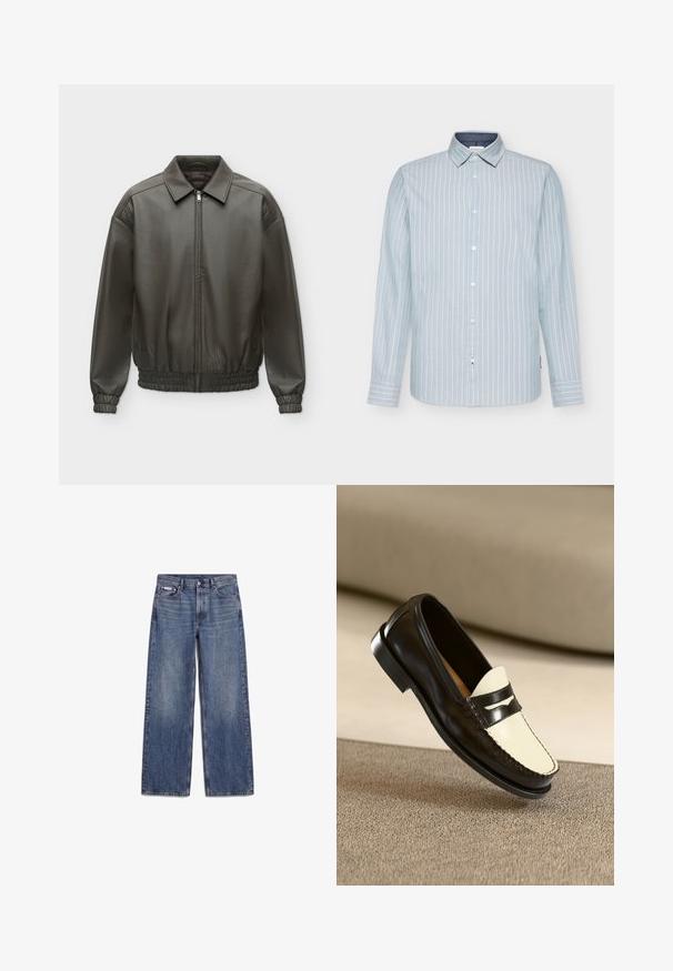 Chaqueta de cuero verde oliva oscuro con cremallera frontal, cuello, puños elásticos y cintura elástica, mostrada sobre un fondo claro y liso.; Camisa de manga larga azul claro con rayas verticales blancas, cuello abotonado y cuello interior en contraste de color azul oscuro. Tela de algodón suave.; Vaqueros de mezclilla azul de corte recto, con bolsillos delanteros, trabillas para cinturón y cierre de botones, colocados planos sobre un fondo blanco.; Mocasines de cuero negro con un vampiro color crema y rayas de acento negras, presentando un tacón bajo y costuras detalladas a lo largo de los bordes.