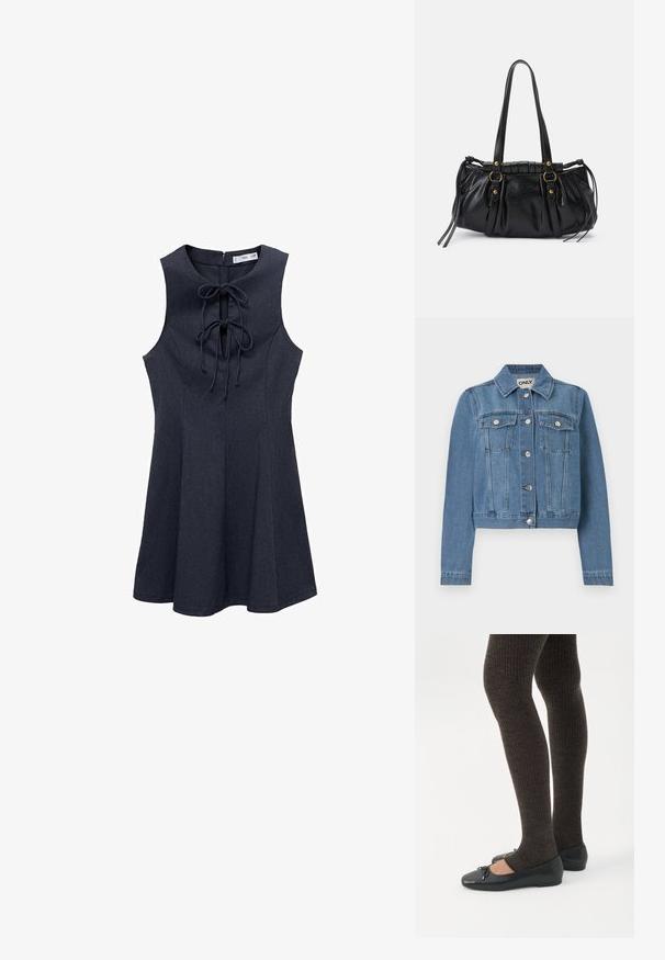 Blauwe spijkerjasje met knoopsluiting aan de voorkant, twee borstzakken met knoopkleppen, lange mouwen en een kraag, plat op een witte achtergrond gelegd.; Marineblauw denim zonder mouwen jurk met een aansluitend lijfje en een uitlopende rok. Voorzien van een vetering aan de voorkant en een ritssluiting aan de achterkant. Soepele textuur.; Benen met donkere geribbelde leggings gecombineerd met zwarte ballerina's met kleine strikdetails op een witte achtergrond.; Zwarte leren handtas met een afgeronde vorm, dubbele handvatten, decoratieve hardware accenten en details met zijstrikken. Smooth, glanzende textuur.