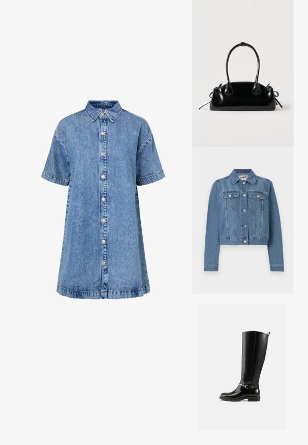 Veste en denim bleu avec fermeture à boutons, deux poches poitrine avec rabats à boutons, manches longues et col, posée à plat sur un fond blanc.; Robe chemise en denim bleu à manches courtes avec col pointu et une rangée de boutons argentés à l'avant.; Bottes noires montantes en cuir verni, avec un détail de boucle argentée à la cheville et une conception à bout arrondi. Semelle plate.; Petit sac à main noir brillant avec deux longues anses et des détails à cordon sur les côtés sur un fond clair uni.