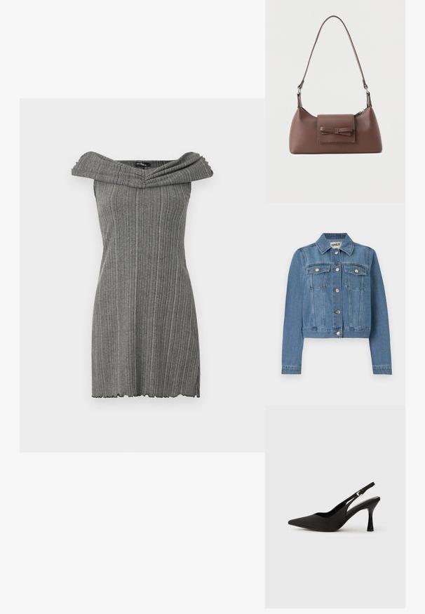 Blauwe spijkerjasje met knoopsluiting aan de voorkant, twee borstzakken met knoopkleppen, lange mouwen en een kraag, plat op een witte achtergrond gelegd.; Grijze off-the-shoulder jurk met verticale ribbeltextuur, voorzien van een brede, gevouwen halslijn en een gegolfde zoom.; Zwarte slingback hakken met een spitse neus, een gladde matte afwerking en een slanke, glanzende hak. Verstelbare band met een klein gespdetail.; Bruine leren schoudertas met een voorvak met klep en een gestikte strikdetail en een verstelbare band.