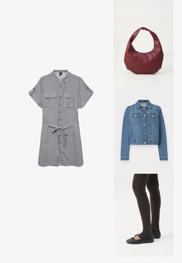 Blå denimjakke med knaplukning foran, to brystlommer med knapklapper, lange ærmer og en krave, lagt fladt på en hvid baggrund.; Luftig button-up skjorte i marineblå og hvide vertikale striber. Har to brystlommer, korte ærmer og et bundet bælte i taljen.; Ben iført mørke ribbede leggings kombineret med sorte balletsko med små sløjfedetaljer på hvid baggrund.; Vævet bordeaux håndtaske med en rund silhuet, et enkelt håndtag og en tekstureret overflade. Lynlåslukning øverst.
