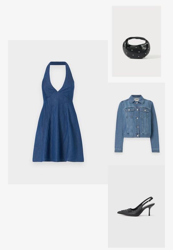 Blaue Jeansjacke mit Knopfleiste, zwei Brusttaschen mit Knopfklappen, langen Ärmeln und einem Kragen, flach auf einem weißen Hintergrund ausgelegt.; Jeanskleid in Dunkelblau mit Halterneck und tiefem V-Ausschnitt, ausgestattet mit einem taillierten Oberteil und einem ausgestellten Rock für eine fließende Silhouette.; Schwarzer Leder-Slingback-Stiletto mit spitzem Zehenaufsatz, seitlichem Schnallenriemen, Nieten entlang der Kante und dekorativer Schnürung vorne.; Schwarze Lederhandtasche mit abgerundeter Form, verziert mit silbernen Nietenakzenten und kurzem Griff. Glatte Struktur und Reißverschlussverschluss.