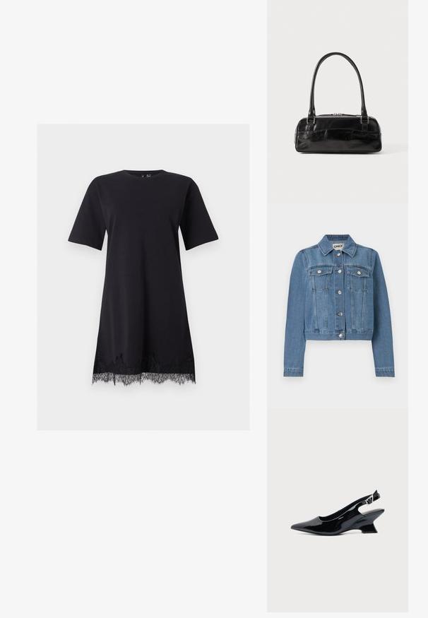 Veste en denim bleu avec fermeture à boutons, deux poches poitrine avec rabats à boutons, manches longues et col, posée à plat sur un fond blanc.; Robe noire à manches courtes avec encolure ronde et bordure en dentelle le long de l'ourlet, présentée sur un fond clair uni.; Chaussure slingback en cuir verni noir avec bout pointu et petit talon bloc incliné sur fond clair uni.; Sac à main en cuir noir de forme rectangulaire, doté d'une seule ansse structurée, de quincaillerie argentée et d'une fermeture éclair. Texture lisse.