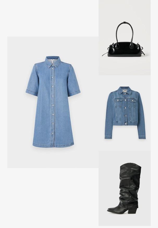 Veste en denim bleu avec fermeture à boutons, deux poches poitrine avec rabats à boutons, manches longues et col, posée à plat sur un fond blanc.; Robe chemise en denim, bleu clair, manches courtes, col, fermeture à boutons sur le devant, longueur genoux, détails de couture sur les manches, coupe décontractée.; Bottes noires en cuir, montantes jusqu'au genou, avec un design plissé, un bout pointu et un talon épais, présentant une texture lisse et des coutures minimales.; Petit sac à main noir brillant avec deux longues anses et des détails à cordon sur les côtés sur un fond clair uni.