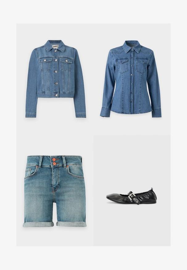 Veste en denim bleu avec fermeture à boutons, deux poches poitrine avec rabats à boutons, manches longues et col, posée à plat sur un fond blanc.; Chemise en denim bleu à manches longues avec col pointu, fermeture boutonnée sur le devant et deux poches poitrine à rabat avec boutons.; Shorts en denim bleu avec ourlets roulés, double bouton en cuivre, poches avant et passants pour ceinture sur un fond uni.; Chaussure plate en cuir noir avec un nez pointu, des détails froncés autour de l'ouverture et un accent en boucle argentée sur la bride ajustable.