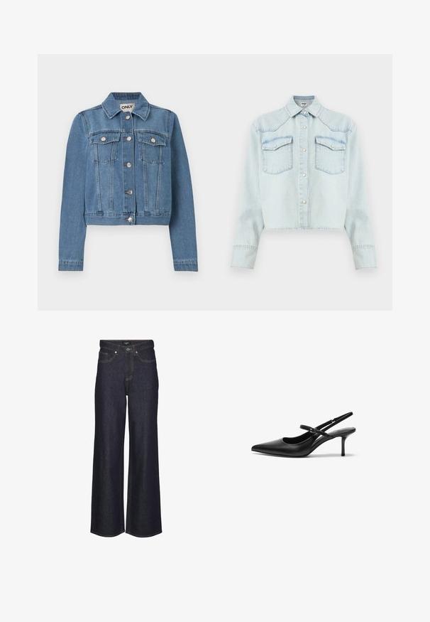 Blå denimjakke med knaplukning foran, to brystlommer med knapklapper, lange ærmer og en krave, lagt fladt på en hvid baggrund.; Lyseblå denimjakke med lange ærmer, trykknaplukning foran, to brystlommer med klap og en spids krave.; Højtaljede brede bukser i mørk denim. Har klassisk stikning, fem lommer og knaplukning foran.; Sorte læder slingback hæle med spids tå, slank justerbar rem og en stiletto hæl på cirka 5 cm, glat tekstur.