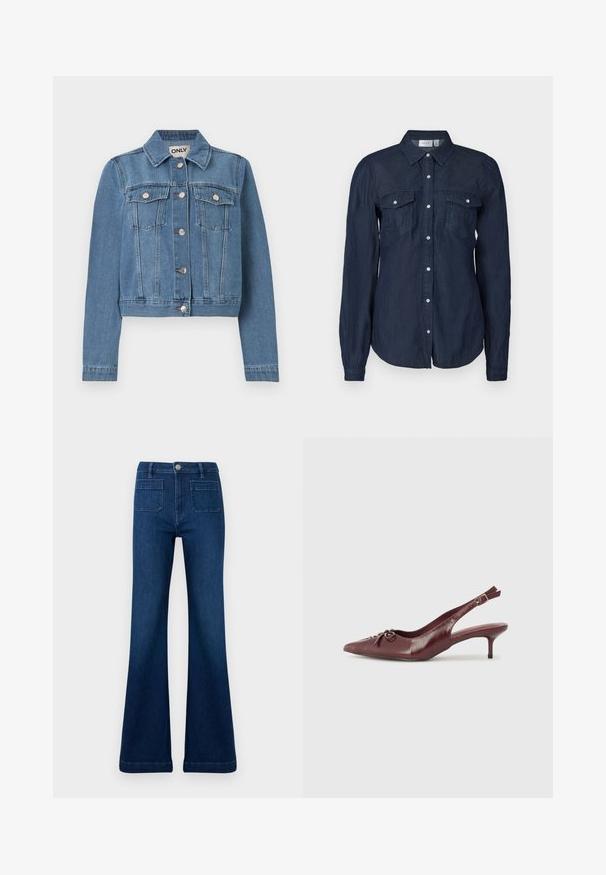 Veste en denim bleu avec fermeture à boutons, deux poches poitrine avec rabats à boutons, manches longues et col, posée à plat sur un fond blanc.; Chemise boutonnée bleu marine en tissu léger, dotée de deux poches avant, de manches longues et d'un col classique avec un ourlet arrondi.; Jean évasé bleu foncé en denim, doté d'une taille haute, de deux poches arrière et de coutures contrastantes le long des coutures.; Talons slingback en cuir bordeaux avec un embout pointu, une sangle ajustable et un détail de nœud décoratif à l'avant. Hauteur du talon de 7,5 cm.