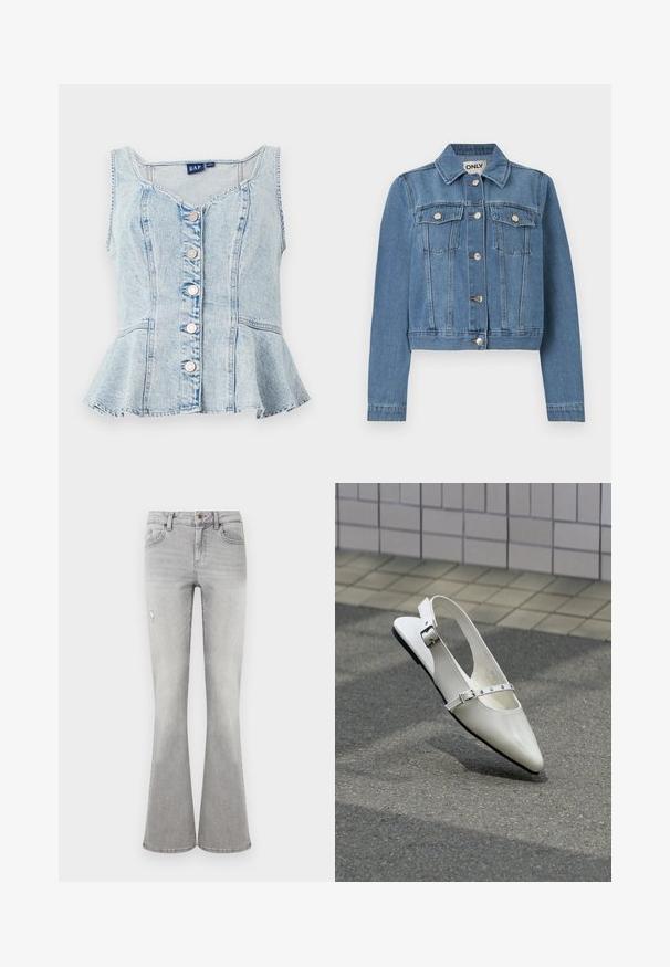 Chaqueta de mezclilla azul con cierre de botones en el frente, dos bolsillos en el pecho con solapas y botones, mangas largas y cuello, extendida sobre un fondo blanco.; Top peplum de mezclilla azul claro con escote en forma de U, seis botones de presión plateados y detalles de costura en todo el diseño.; Vaqueros de mujer acampanados de cintura alta en gris claro, con bolsillos delanteros, cierre de botones y un pequeño detalle desgastado en el muslo izquierdo.; Zapato plano blanco con punta puntiaguda y diseño slingback con dos hebillas plateadas, mostrado al aire libre sobre un suelo texturizado y fondo de pared con azulejos.