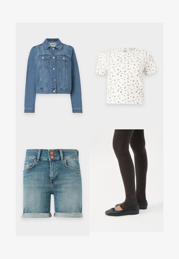 Veste en denim bleu avec fermeture à boutons, deux poches poitrine avec rabats à boutons, manches longues et col, posée à plat sur un fond blanc.; Haut court blanc à manches courtes côtelé avec un petit imprimé floral rose dispersé uniformément sur le tissu.; Shorts en denim bleu avec ourlets roulés, double bouton en cuivre, poches avant et passants pour ceinture sur un fond uni.; Jambes portant des leggings côtelés foncés associés à des ballerines noires avec de petits détails en nœud sur fond blanc.