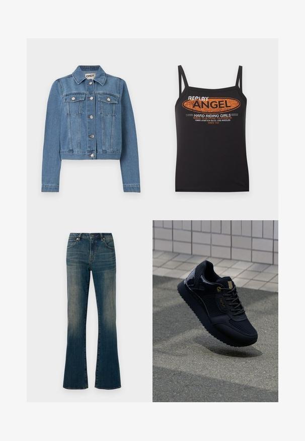 Veste en denim bleu avec fermeture à boutons, deux poches poitrine avec rabats à boutons, manches longues et col, posée à plat sur un fond blanc.; Débardeur noir à fines bretelles avec texte orange et blanc "Replay Angel Hard Riding Girls" et impression de l'adresse de Los Angeles à l'avant.; Jeans en denim bleu évasés avec une finition légèrement décolorée, design à cinq poches, fermeture à bouton et détails cousus le long des coutures.; Baskets noires avec une tige en mesh, des accents brillants, des éléments en or, une semelle texturée et un col rembourré pour le confort.