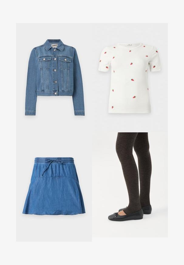 Veste en denim bleu avec fermeture à boutons, deux poches poitrine avec rabats à boutons, manches longues et col, posée à plat sur un fond blanc.; Haut blanc à manches courtes côtelé avec une broderie dispersée de petites fraises rouges sur le devant, les manches et les épaules.; Jupe en jean bleu avec taille élastique et cordon de serrage, forme trapèze, et détails de coutures visibles sur un fond uni.; Jambes portant des leggings côtelés foncés associés à des ballerines noires avec de petits détails en nœud sur fond blanc.