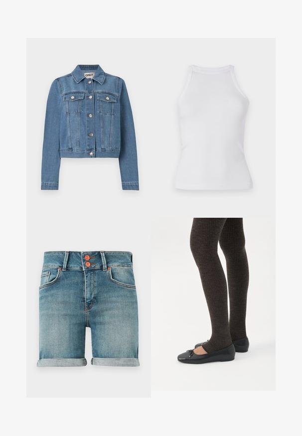 Veste en denim bleu avec fermeture à boutons, deux poches poitrine avec rabats à boutons, manches longues et col, posée à plat sur un fond blanc.; Débardeur blanc à côtes avec un design ajusté, encolure ronde et sans manches. Fabriqué en tissu extensible pour un confort optimal et une liberté de mouvement.; Shorts en denim bleu avec ourlets roulés, double bouton en cuivre, poches avant et passants pour ceinture sur un fond uni.; Jambes portant des leggings côtelés foncés associés à des ballerines noires avec de petits détails en nœud sur fond blanc.