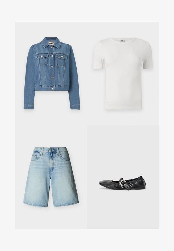 Veste en denim bleu avec fermeture à boutons, deux poches poitrine avec rabats à boutons, manches longues et col, posée à plat sur un fond blanc.; T-shirt blanc côtelé à manches courtes, col rond, coupe ajustée et étiquette de la marque JDY à l'intérieur du col.; Shorts en denim bleu clair avec poches avant, passants pour ceinture, fermeture par bouton, et effet délavé.; Chaussure plate en cuir noir avec un nez pointu, des détails froncés autour de l'ouverture et un accent en boucle argentée sur la bride ajustable.