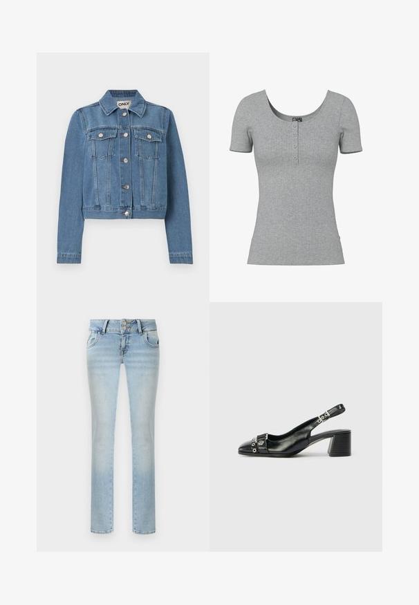 Veste en denim bleu avec fermeture à boutons, deux poches poitrine avec rabats à boutons, manches longues et col, posée à plat sur un fond blanc.; Haut gris côtelé à manches courtes avec un col rond en U et quatre petits boutons en ligne au centre devant.; Jeans bleu clair à jambes droites avec fermeture à double bouton, poches avant et légère décoloration sur les cuisses et les genoux.; Sandale à talon en cuir noir avec un bout pointu, une sangle texturée ornée d'accents métalliques circulaires et un talon empilé.