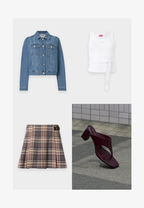 Blå denimjakke med knaplukning foran, to brystlommer med knapklapper, lange ærmer og en krave, lagt fladt på en hvid baggrund.; Hvid ribstrikket tanktop med ærmeløs design, rund halsudskæring, Diesel-logo på brystet og langt stofbælte bundet om taljen.; Rutig nederdel i grå, beige og rustfarver; har plisseringer, en spænde detalje og et struktureret design. Fremstillet af et vævet stof.; Mørkerød sandal med høje hæle, firkantet tå og bred rem, placeret på flisebelagt og asfaltbelagt overflade.