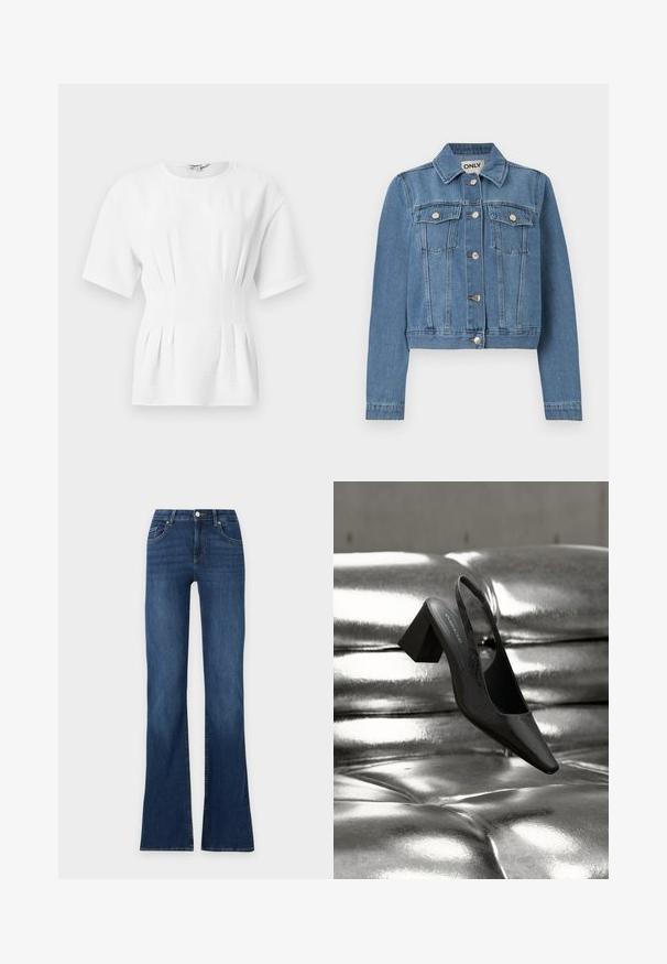 Veste en denim bleu avec fermeture à boutons, deux poches poitrine avec rabats à boutons, manches longues et col, posée à plat sur un fond blanc.; Haut blanc ajusté à manches courtes avec des plis latéraux froncés et un col rond.; Jean en denim bleu à taille haute, bouton sur le devant, deux poches avant et jambes légèrement évasées sur fond blanc.; Escarpin noir à bride arrière avec bout pointu, présentant une surface texturée et un talon bloc épais. Posé sur un fond métallique brillant.