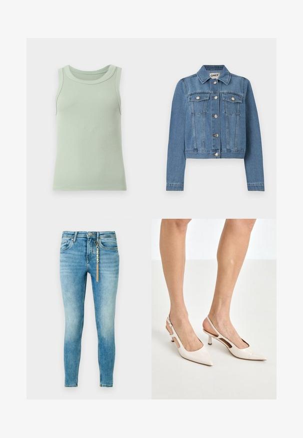 Veste en denim bleu avec fermeture à boutons, deux poches poitrine avec rabats à boutons, manches longues et col, posée à plat sur un fond blanc.; Débardeur côtelé vert clair sans manches avec un col rond, présenté sur un fond blanc uni.; Jean skinny bleu clair avec légère décoloration et un porte-clés en chaîne dorée attaché à la boucle de ceinture à l'avant côté droit.; Escarpins à talon slingback en cuir verni beige avec un bout pointu et un talon de 5 cm, présentant des côtés découpés et une fine bride à la cheville.