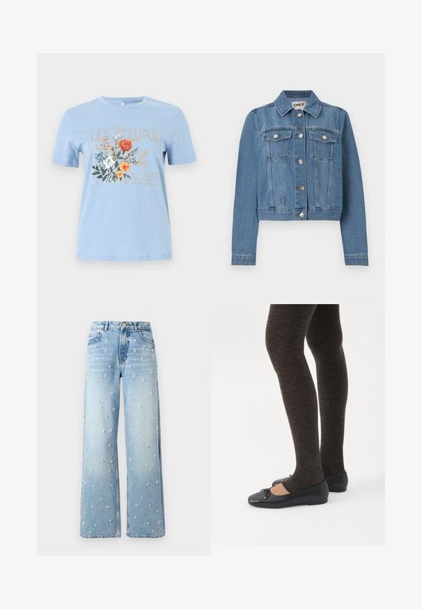 Veste en denim bleu avec fermeture à boutons, deux poches poitrine avec rabats à boutons, manches longues et col, posée à plat sur un fond blanc.; T-shirt bleu clair à manches courtes avec un motif floral et le texte "LES FLEURS" en or au-dessus de fleurs orange, blanches et bleues.; Jean large de couleur bleu clair orné de perles et de perles en forme de fleur dispersées sur le tissu, bouton avant et poches visibles.; Jambes portant des leggings côtelés foncés associés à des ballerines noires avec de petits détails en nœud sur fond blanc.