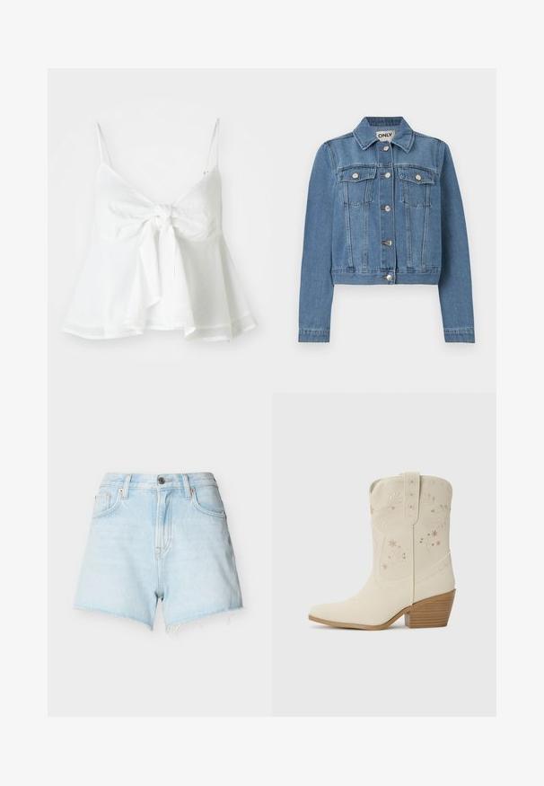Blå denimjakke med knaplukning foran, to brystlommer med knapklapper, lange ærmer og en krave, lagt fladt på en hvid baggrund.; Hvidt linned crop top med justerbare spaghetti-stropper og en frontbinding. Har en udvidet søm for en afslappet pasform.; Lyseblå denimshorts med frynset kant, fem-lomme design, bæltestropper og metalknaplukning foran i linningen.; Hvide læder cowboystøvler med blomsterbroderi, spids tå og en stabeltræ hæl. Funktioner dekorativ syning på skaftet.